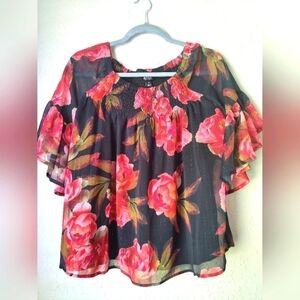 a.n.a A New Approach Womens Ruffled Off Shoulder Top Black Floral Size S